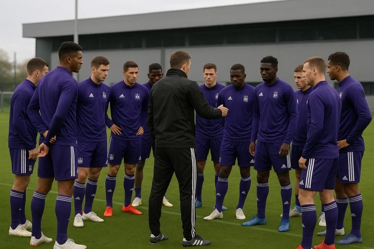 Spelers van RSC Anderlecht op training tijdens een tactisch moment op het middenveld