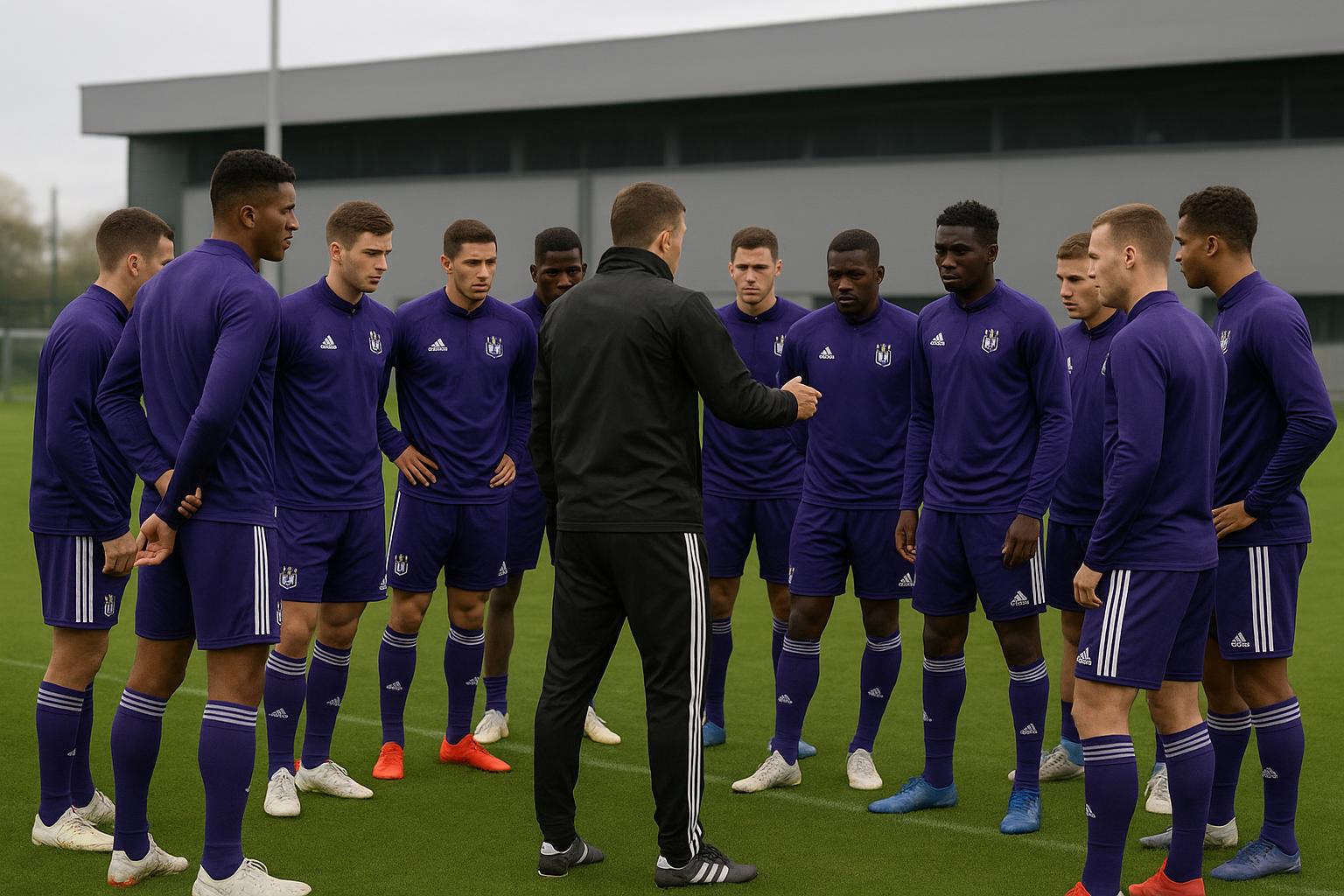 Spelers van RSC Anderlecht op training tijdens een tactisch moment op het middenveld
