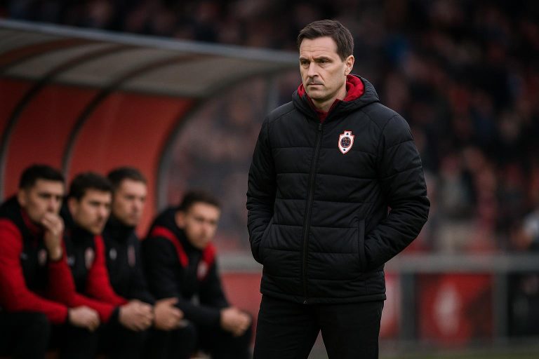 Joseph Oosting langs de zijlijn bij Royal Antwerp FC tijdens een competitiewedstrijd.