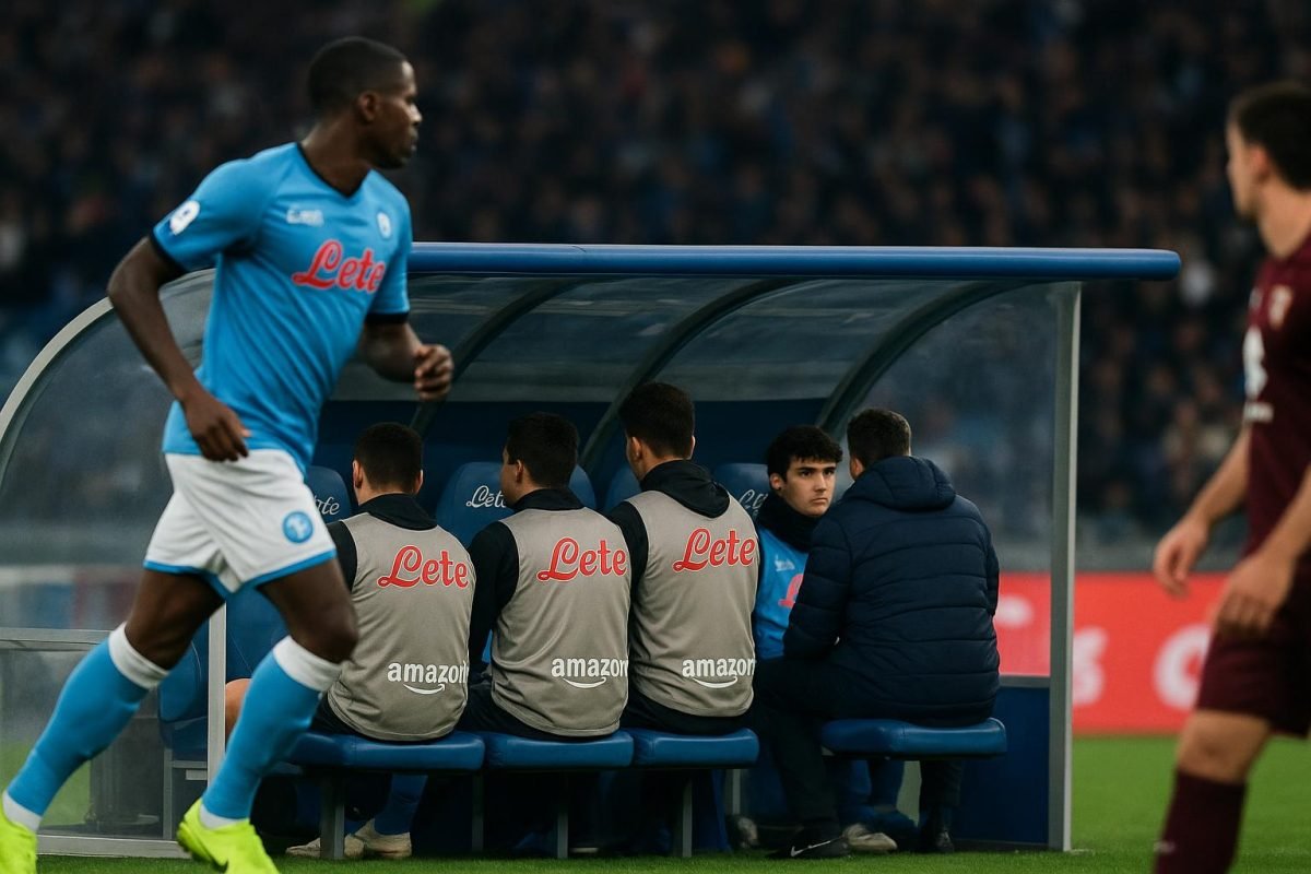 Beeld uit Napoli-Torino met spelers aan de zijlijn tijdens de invalbeurten van De Bruyne en Lukaku