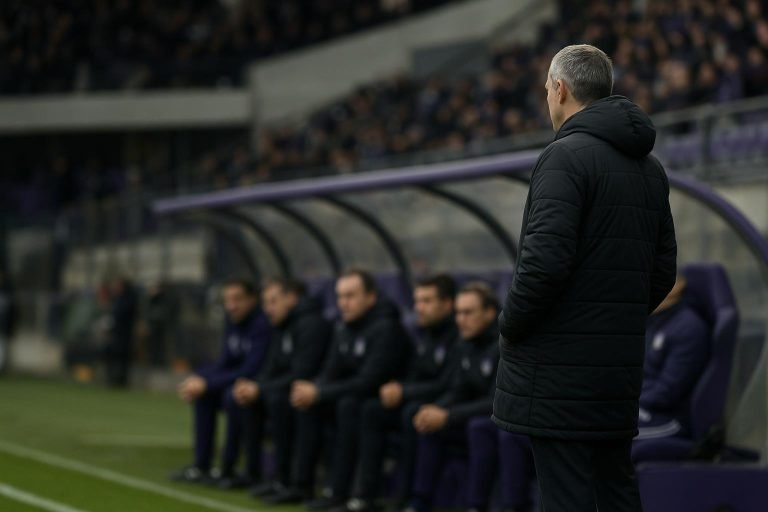 Sfeerbeeld rond RSC Anderlecht met focus op de technische staf langs de zijlijn
