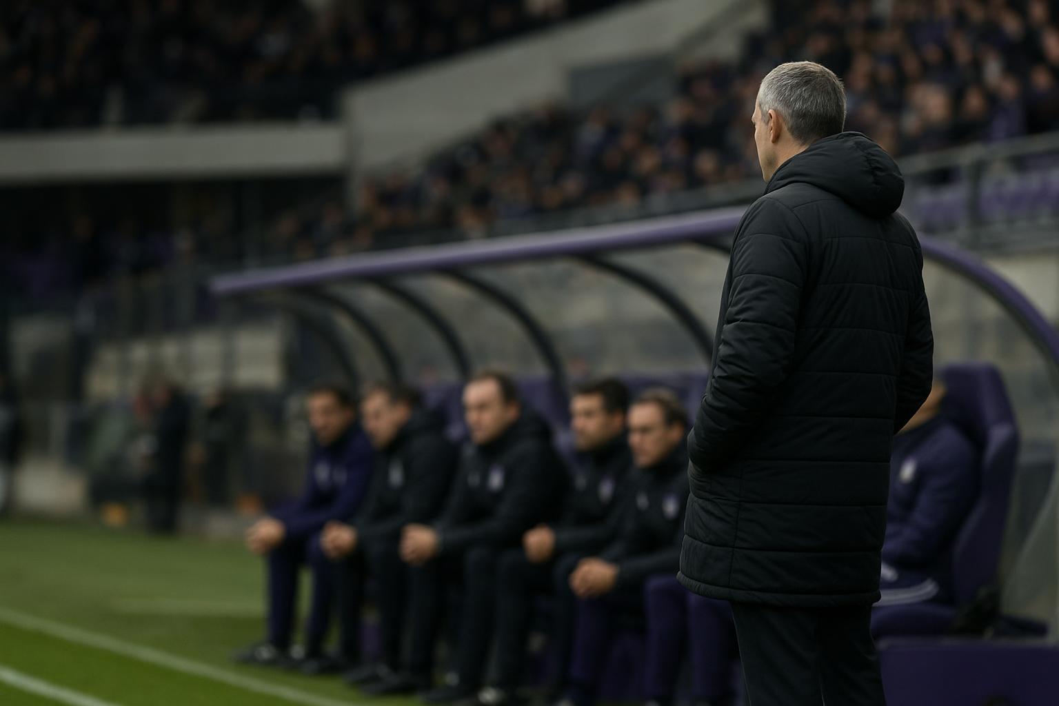Sfeerbeeld rond RSC Anderlecht met focus op de technische staf langs de zijlijn