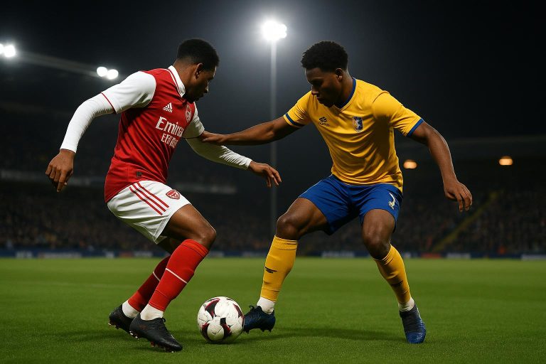Actiefoto uit Mansfield Town tegen Arsenal in de FA Cup, met duels op het veld zonder herkenbare gezichten.