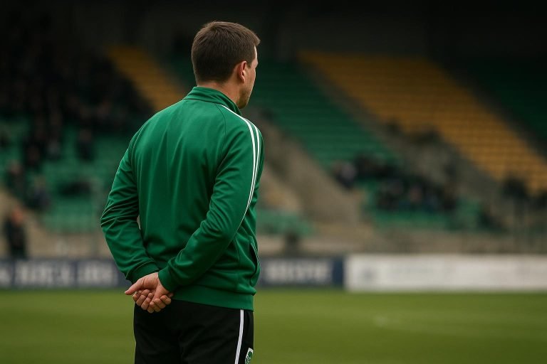 Frédéric Taquin, trainer van La Louvière, langs de zijlijn tijdens de wedstrijd tegen Royal Antwerp FC