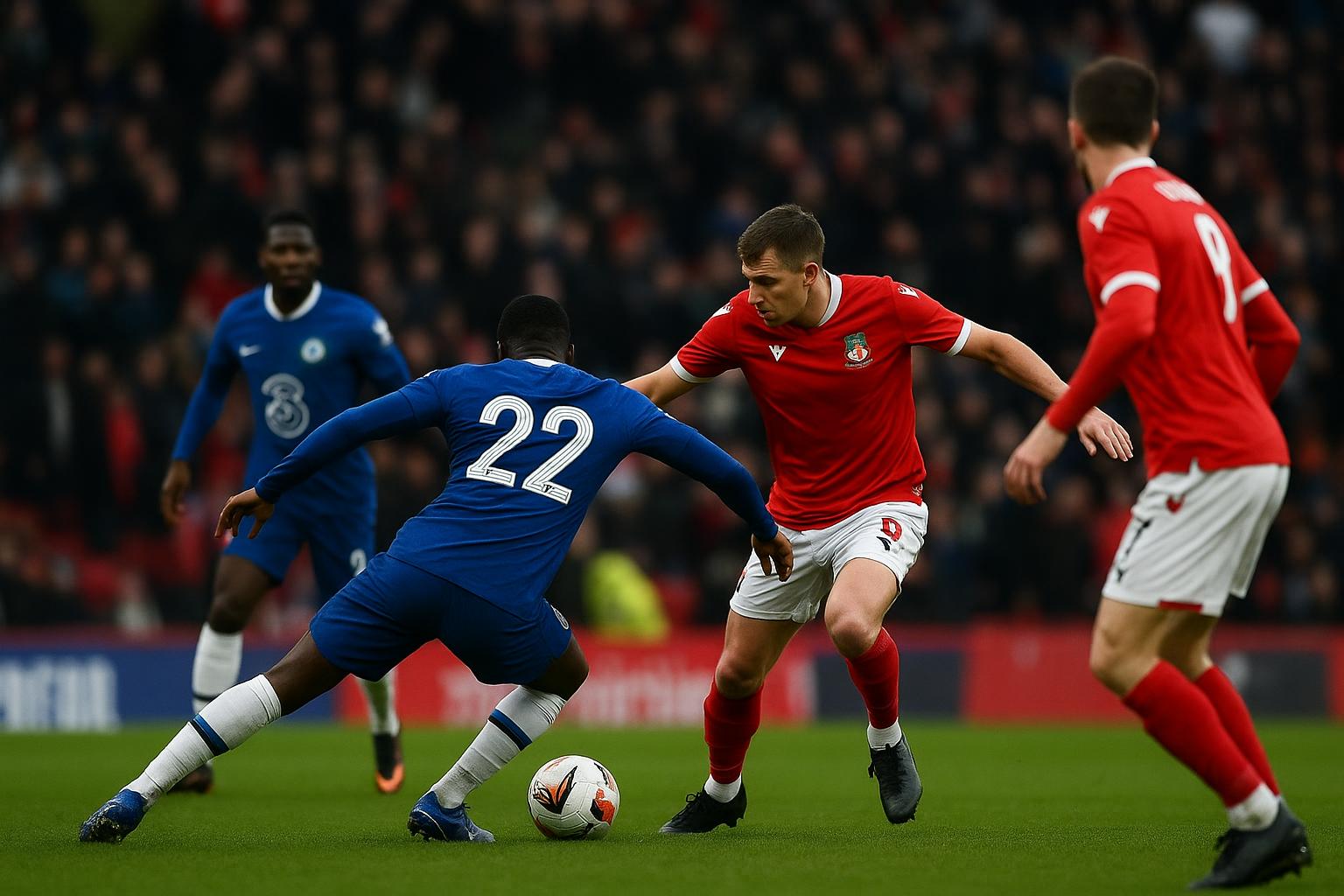 Spelmoment tijdens Chelsea tegen Wrexham in de FA Cup, met duels rond de bal in het strafschopgebied