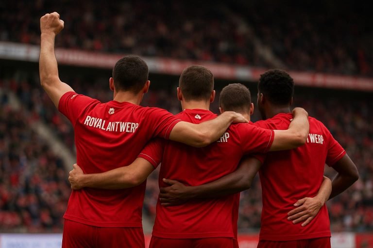 Spelers van Royal Antwerp FC vieren een doelpunt tijdens een wedstrijd in het stadion