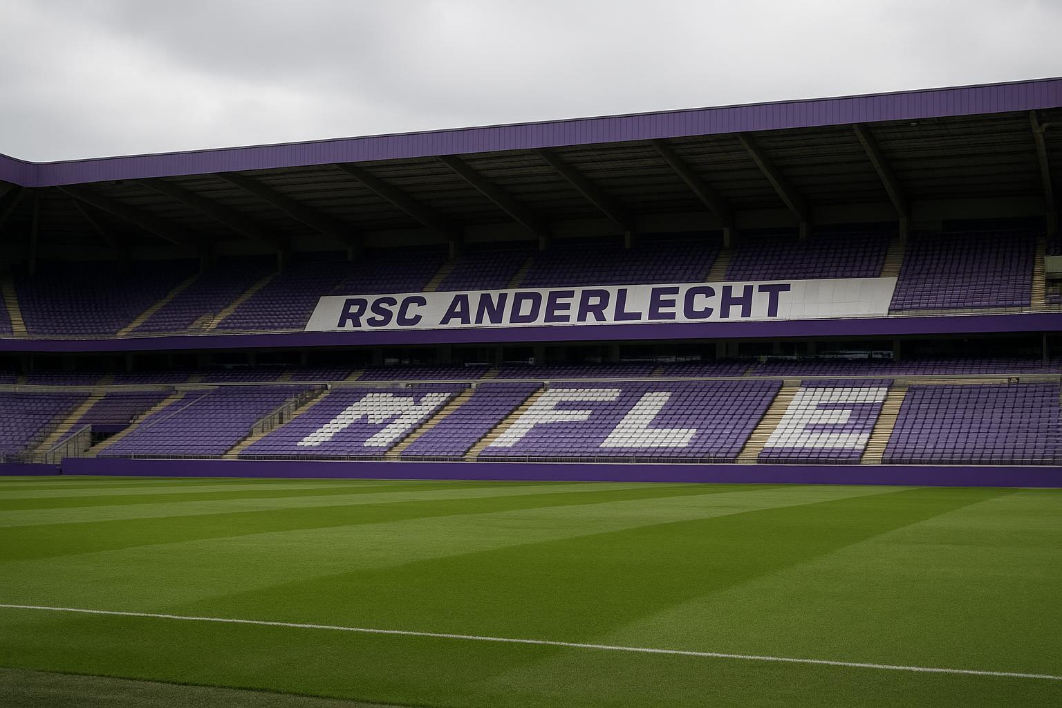 Sfeerbeeld van het stadion van RSC Anderlecht met tribunes en clubkleuren, zonder herkenbare gezichten