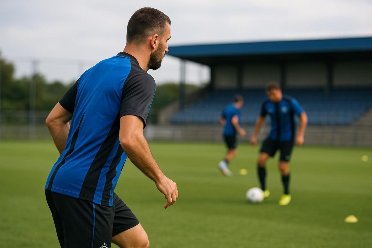 Aleksandar Stankovic van Club Brugge in een trainingscontext langs het veld