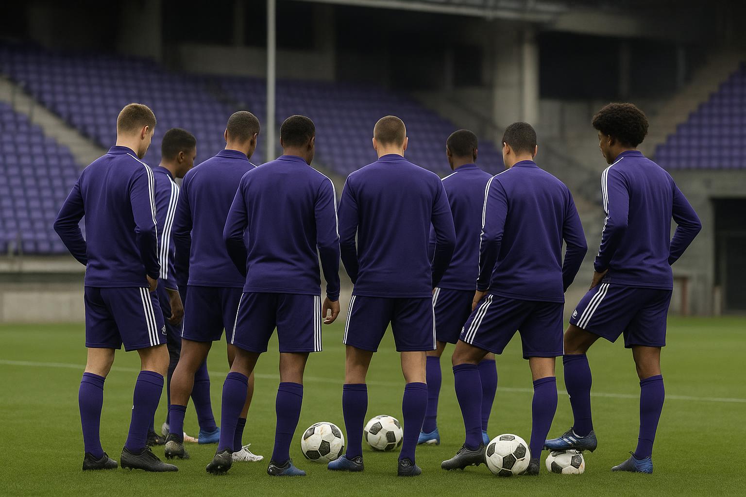 Sfeerbeeld rond een training van RSC Anderlecht met focus op de groep, in aanloop naar de wedstrijd tegen Club Brugge