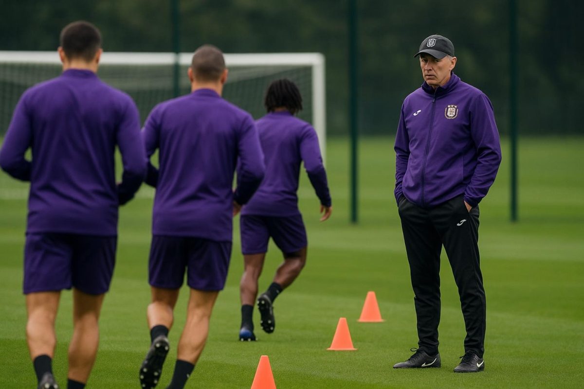 Beeld van de zijlijn bij RSC Anderlecht tijdens een trainingsmoment, met staf en spelers op de achtergrond.