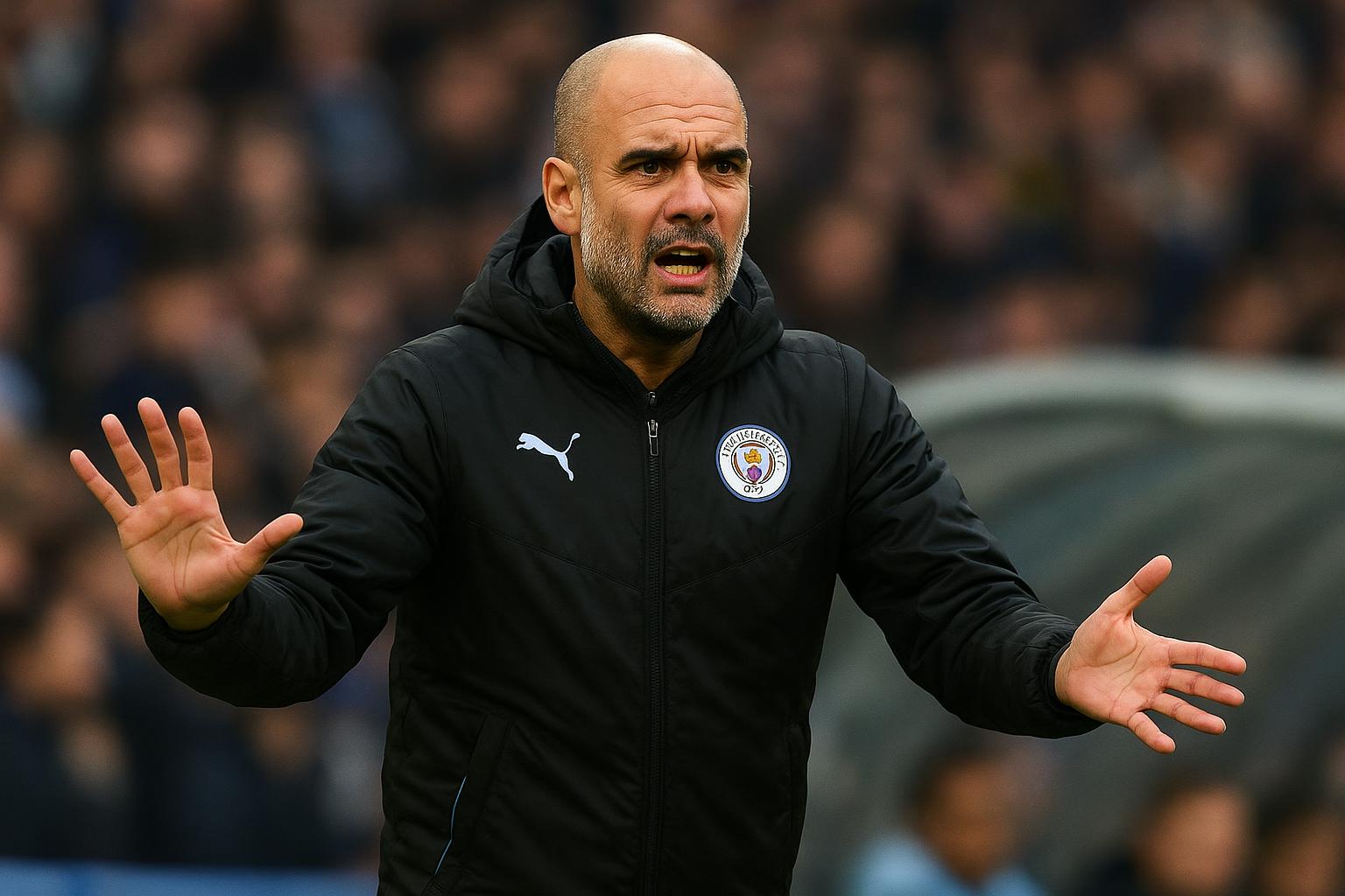 Pep Guardiola reageert langs de zijlijn bij Manchester City na een betwiste fase