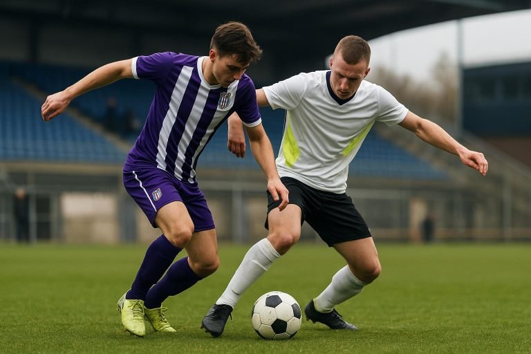 Actiebeeld uit RSCA Futures tegen Patro Eisden met duel op het middenveld
