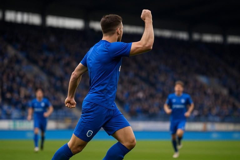 Spelers van KRC Genk vieren een doelpunt tijdens een wedstrijd