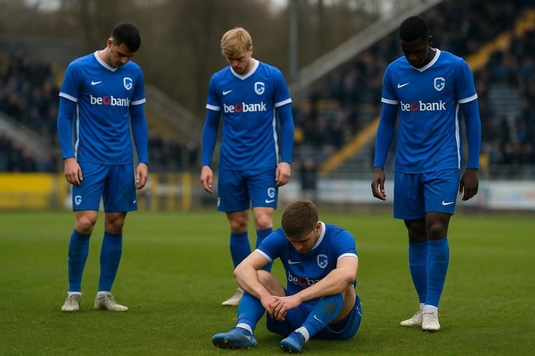 Spelers van KRC Genk druipen teleurgesteld af na de 2-1-nederlaag op het veld van Union