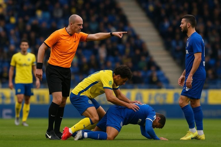 Spelmoment in Union Saint-Gilloise tegen KRC Genk met een duel om de bal