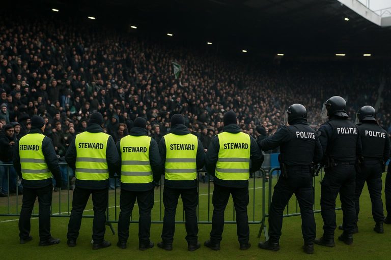 Stewards en politie vormen een menselijke barrière op het veld na Rangers tegen Celtic