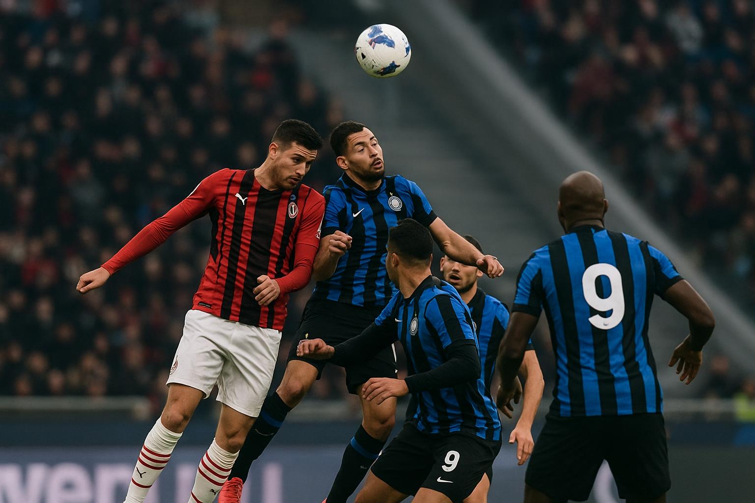 Actiebeeld uit AC Milan tegen Internazionale in San Siro, een gesloten derby die eindigde op 1-0.