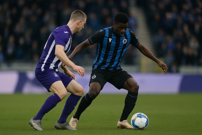 Spelmoment tussen RSC Anderlecht en Club Brugge met focus op het middenveld, zonder herkenbare gezichten.
