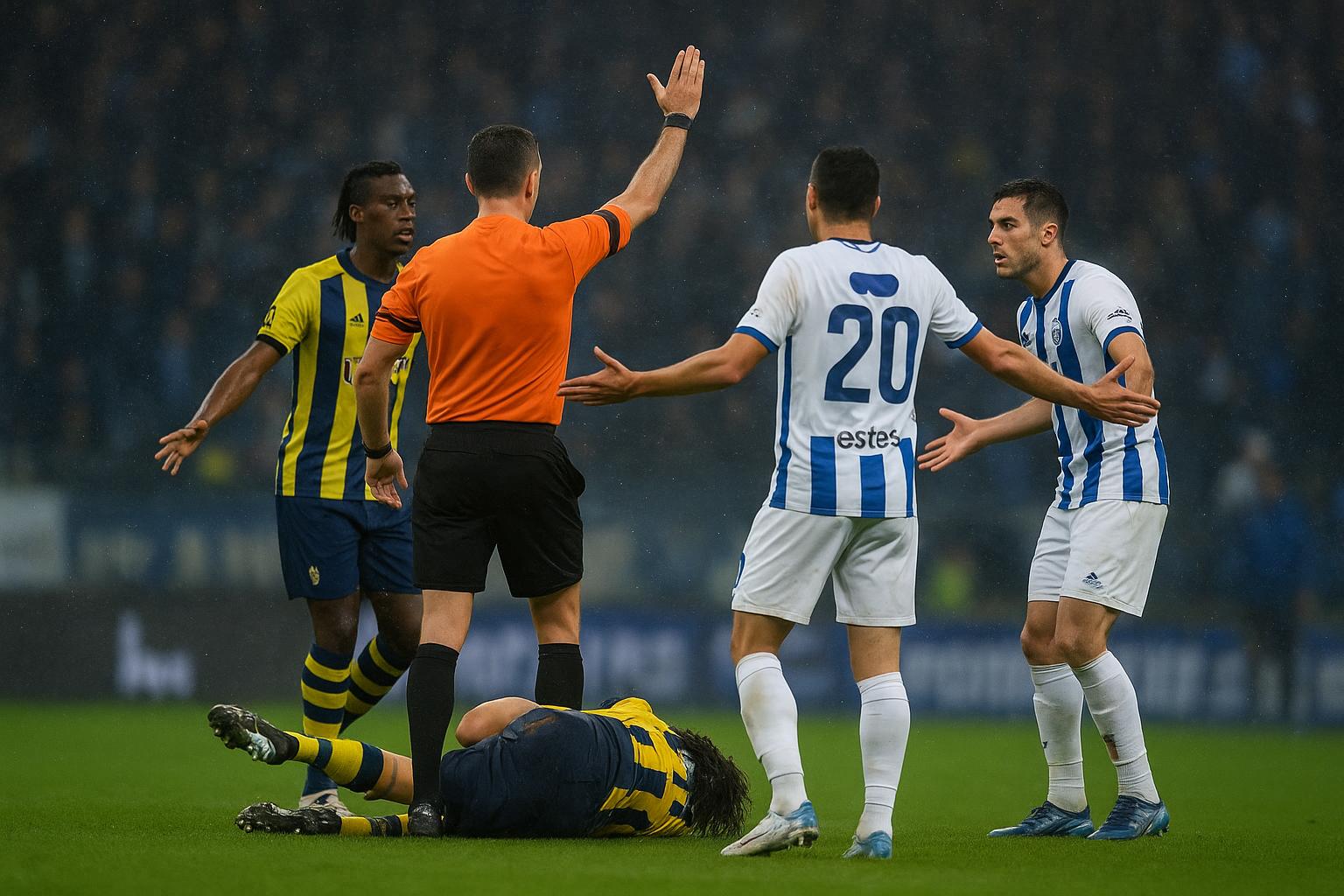 Spelmoment uit Union SG tegen KRC Genk met een duel in de zestien na een omstreden tackle