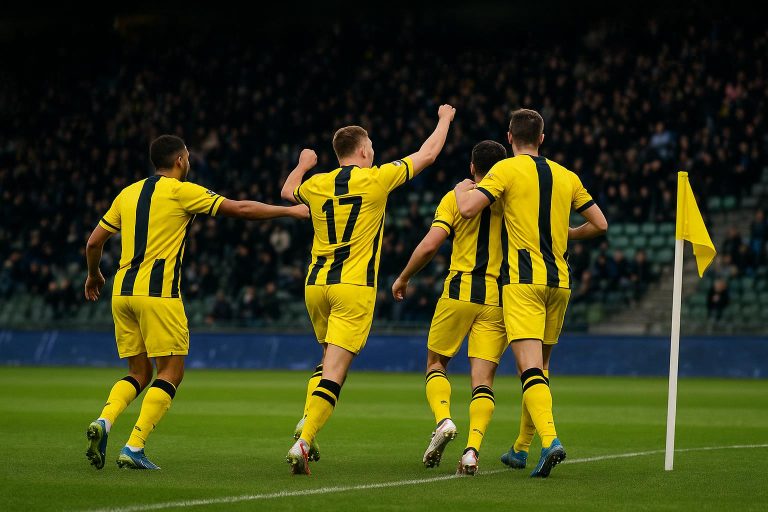 STVV-spelers vieren een doelpunt tijdens de wedstrijd tegen Cercle Brugge op Stayen