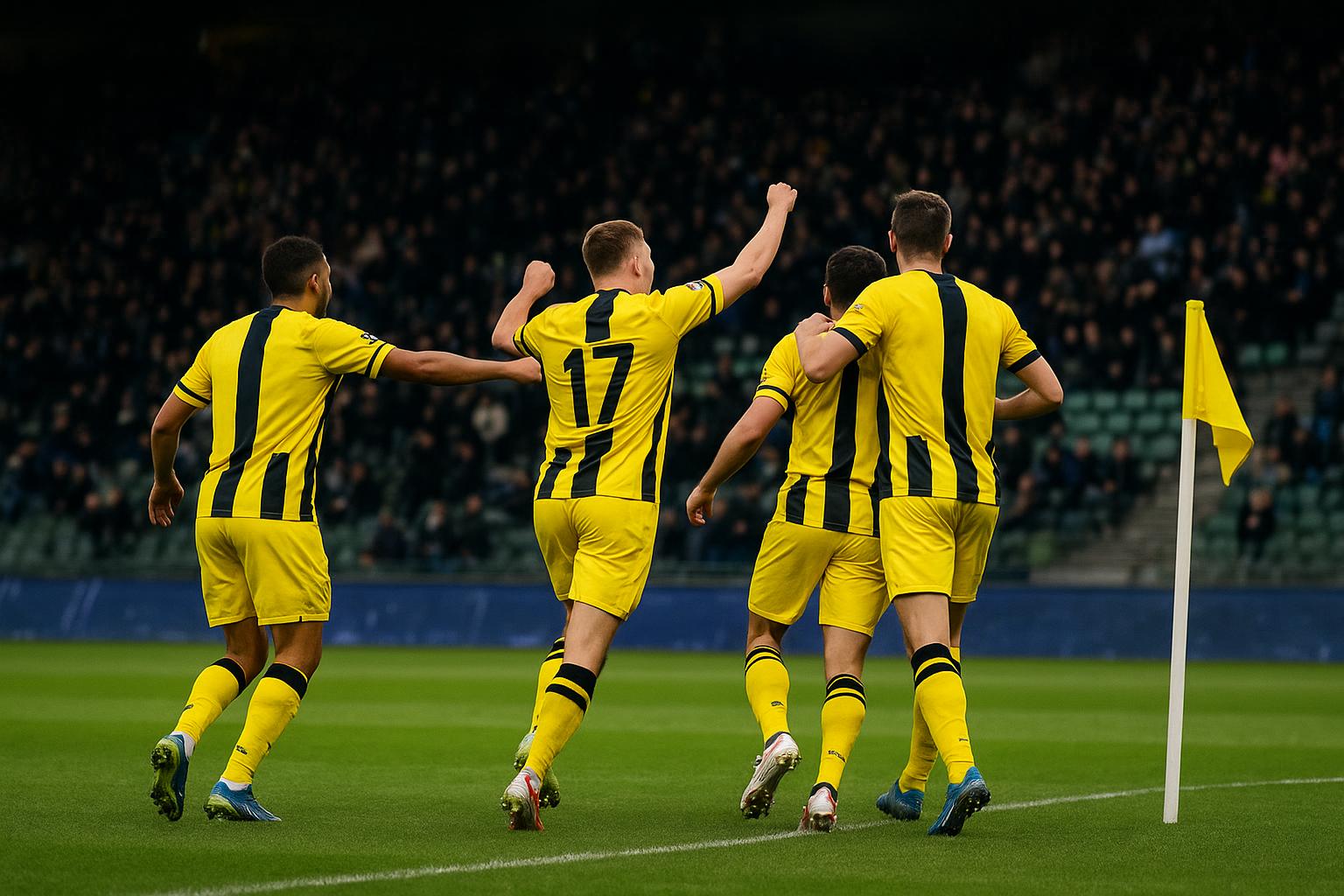 STVV-spelers vieren een doelpunt tijdens de wedstrijd tegen Cercle Brugge op Stayen
