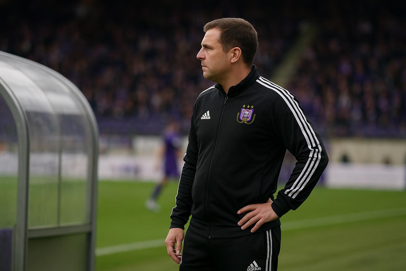 Jรฉrรฉmy Taravel langs de zijlijn bij RSC Anderlecht tijdens een wedstrijd