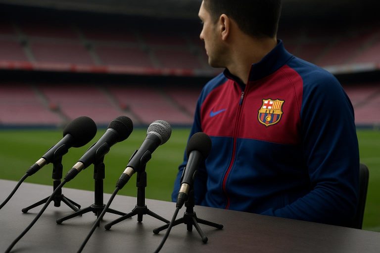 Xavi in een perscontext rond FC Barcelona