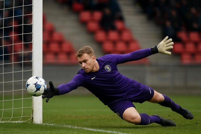 Actiefoto van een doelman van Beerschot tijdens een wedstrijd in het stadion
