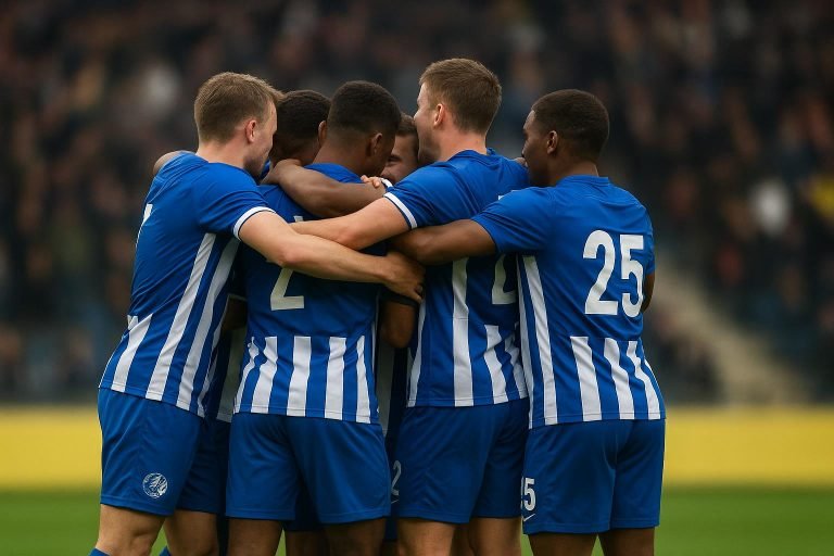 Spelers van KAA Gent vieren op het veld na de 3-1-zege tegen KV Mechelen