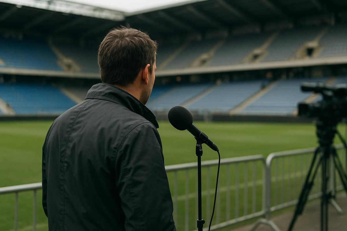 Peter Vandenbempt in stadionomgeving tijdens een interviewmoment