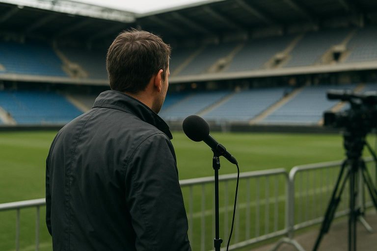 Peter Vandenbempt in stadionomgeving tijdens een interviewmoment
