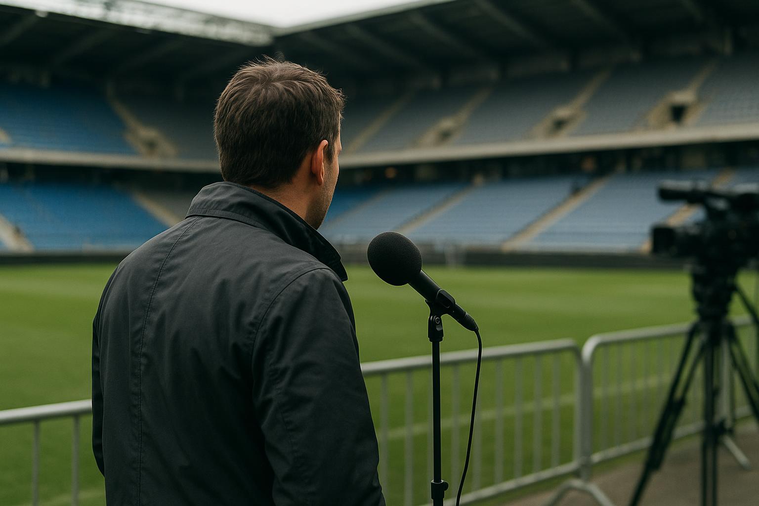 Peter Vandenbempt in stadionomgeving tijdens een interviewmoment