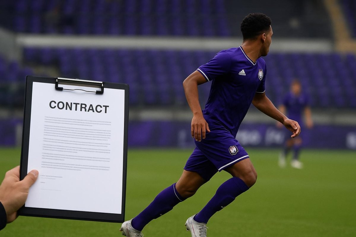 Nathan De Cat in actie voor RSC Anderlecht tijdens een wedstrijd in de Jupiler Pro League