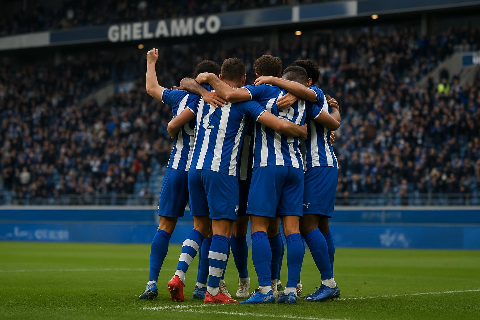 Spelers van KAA Gent vieren een doelpunt in de Ghelamco Arena tijdens de match tegen KV Mechelen.