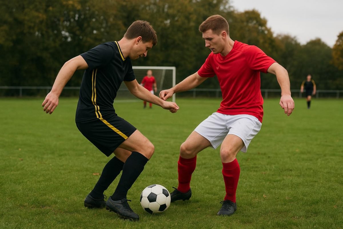 Spelmoment op een amateurvoetbalveld tijdens OSM ’75 tegen Focus ’07