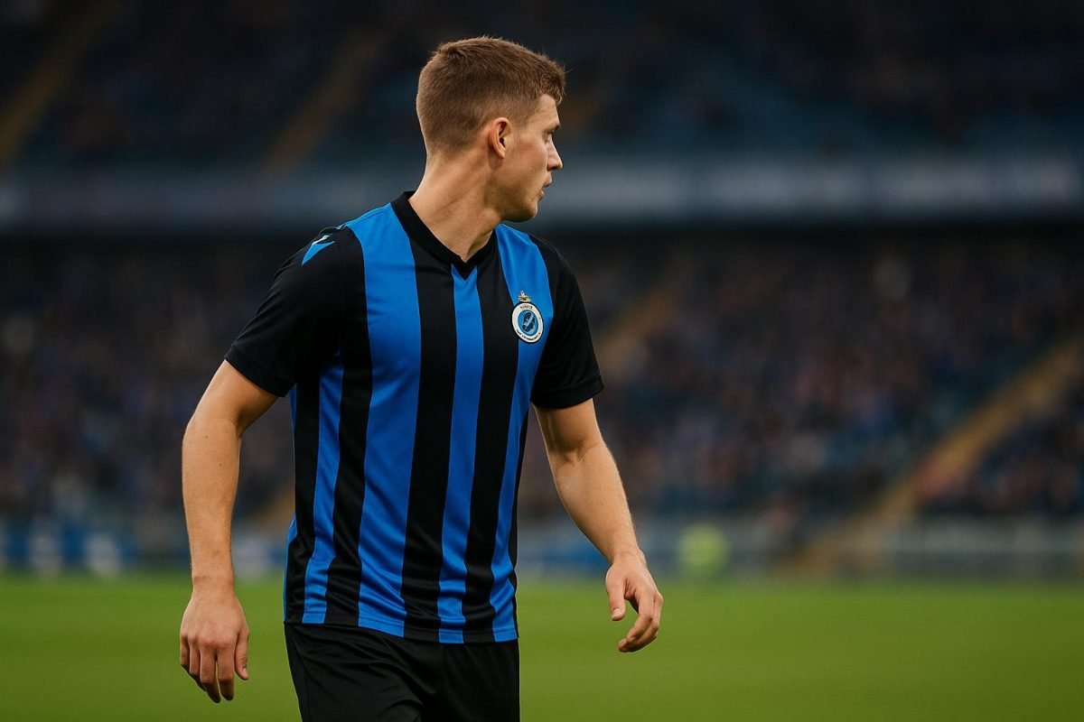 Nicolo Tresoldi viert een doelpunt in het shirt van Club Brugge