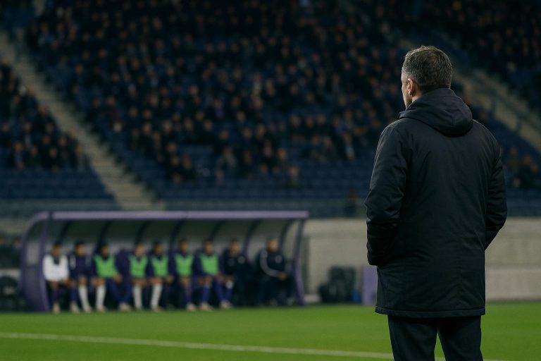 Jérémy Taravel langs de zijlijn als hoofdtrainer van RSC Anderlecht