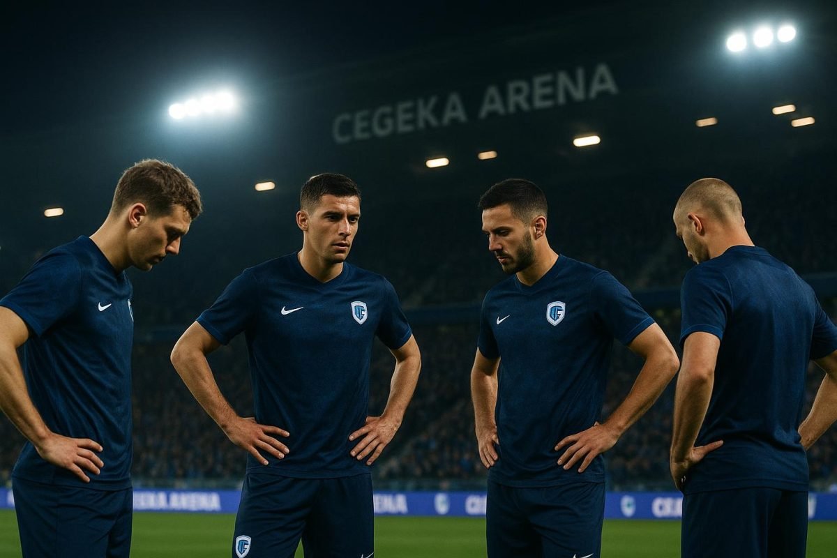 Teleurgestelde spelers van KRC Genk na een wedstrijd in de Cegeka Arena