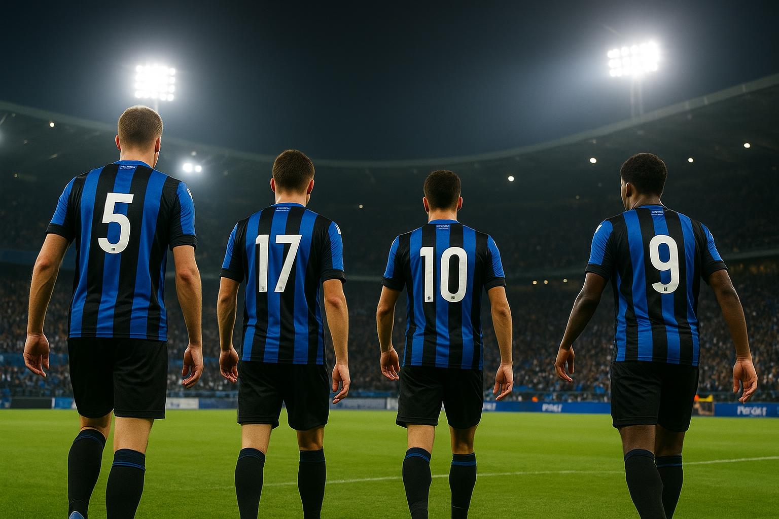 Spelers van Club Brugge vieren samen na een wedstrijd in een stadion