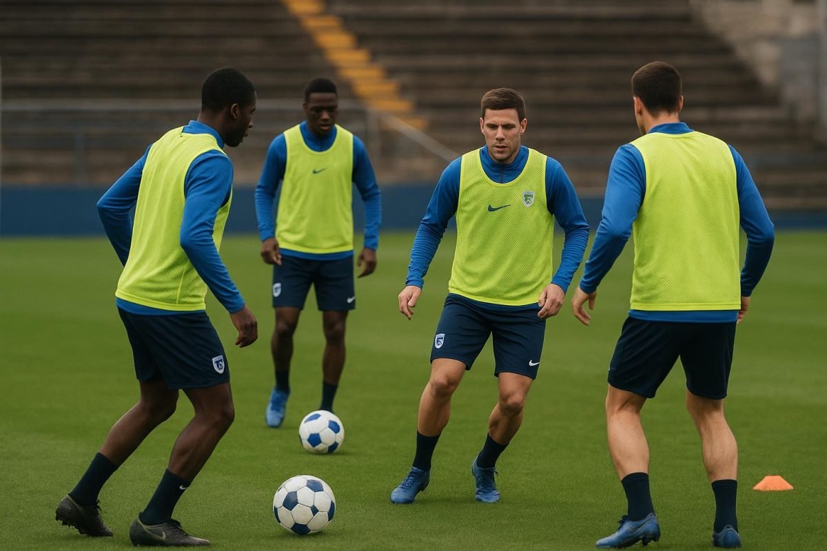 Spelers van KRC Genk op training met focus richting een belangrijke wedstrijd