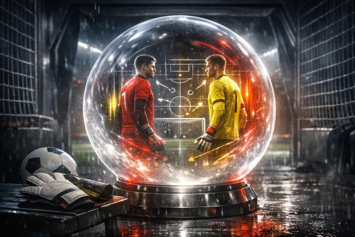 Symbolisch beeld van een Belgische keepersstrijd richting 2027, met handschoenen en doelnet in een stadionomgeving