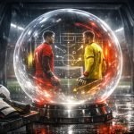 Symbolisch beeld van een Belgische keepersstrijd richting 2027, met handschoenen en doelnet in een stadionomgeving