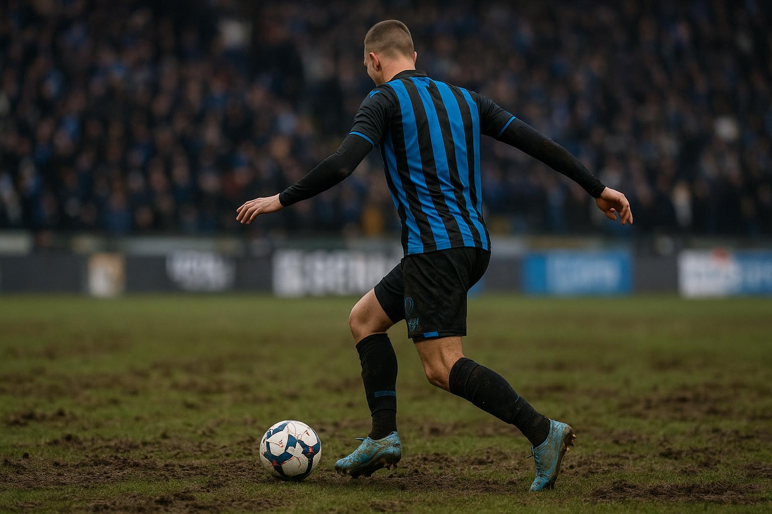Spelers van Club Brugge op een slecht bespeelbare grasmat tijdens een wedstrijd