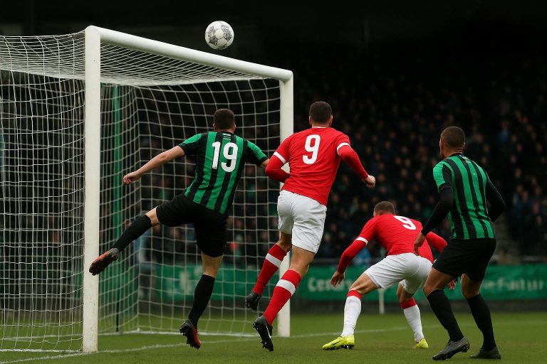 Wedstrijdbeeld bij Cercle Brugge tegen Dender met focus op het doel en het doelhout