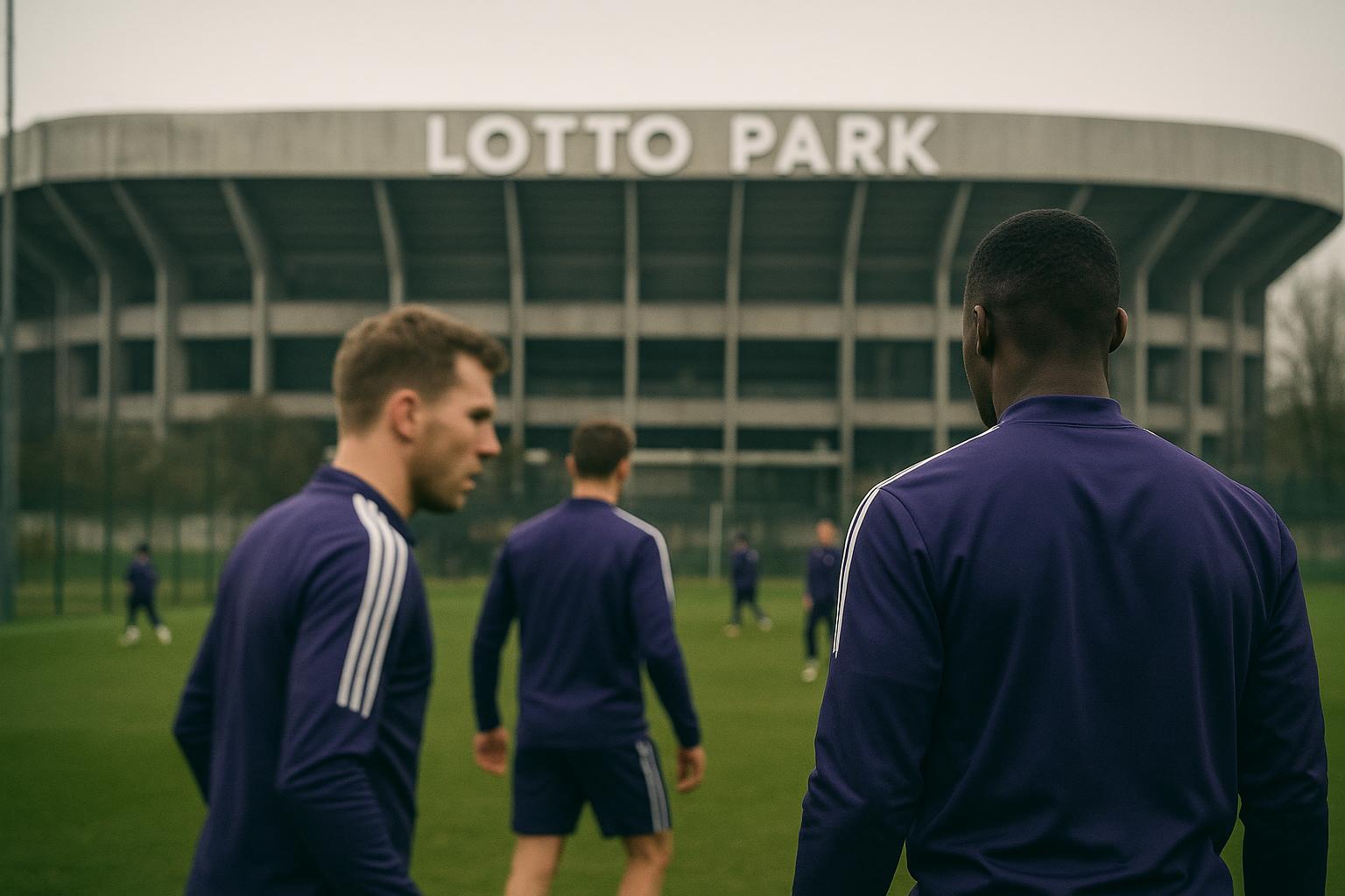 Sfeervol beeld rond RSC Anderlecht in het Lotto Park in de context van het contractdossier van Nathan De Cat.