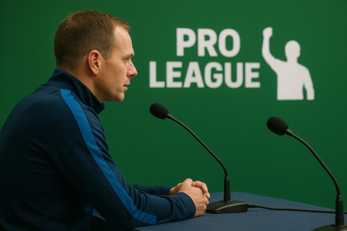Lorin Parys van de Pro League licht een campagne rond duurzame stadionverplaatsingen toe.