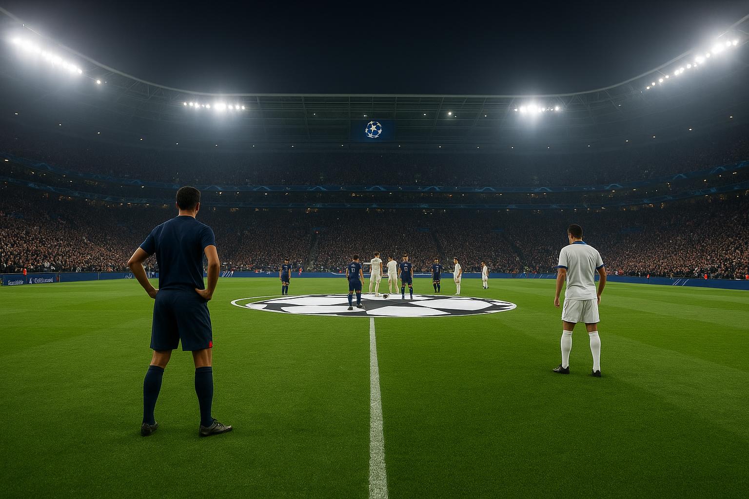 Champions League-sfeerbeeld in een stadion tijdens een avondwedstrijd