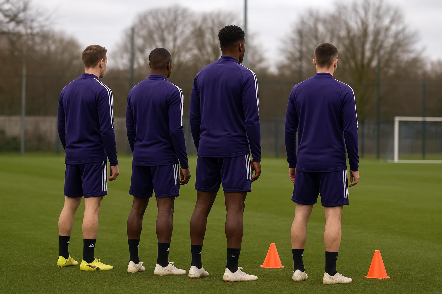 Training van RSC Anderlecht met focus op centrale verdedigers op het oefenveld