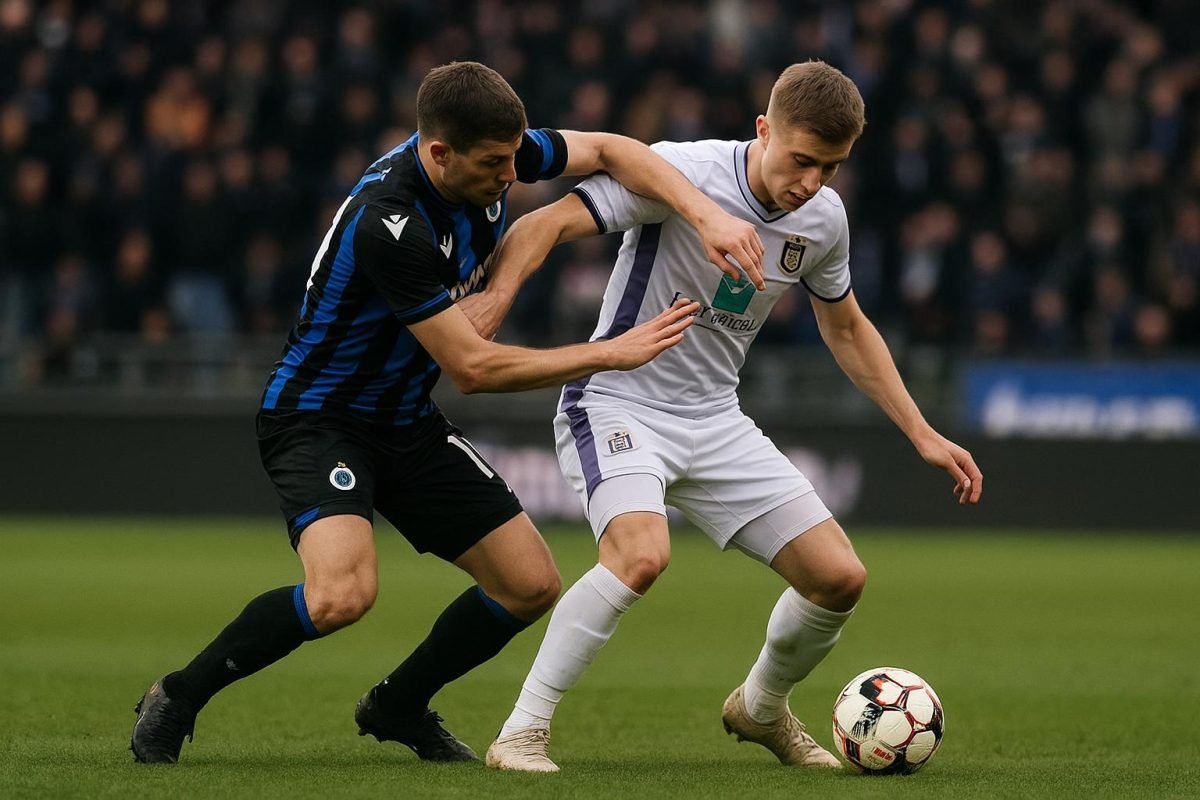 Nathan De Cat van RSC Anderlecht in duel tijdens de topper tegen Club Brugge.