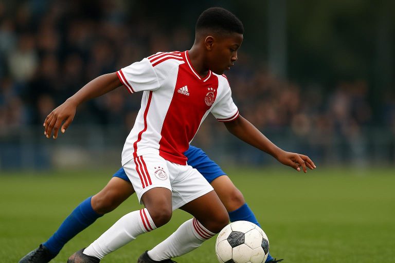 Actiefoto van een speler van Ajax Onder 19 tijdens een UEFA Youth League-wedstrijd